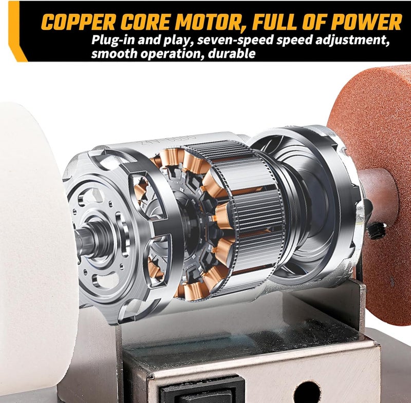 NuoDunco Mini Bench Grinder with 3 Wheels, Electric Multi-Purpose Grinding Machine for Metal, Wood, Knife Making, Jewelry Buffing, 6.3 x 3.5 inch Base - Image 4